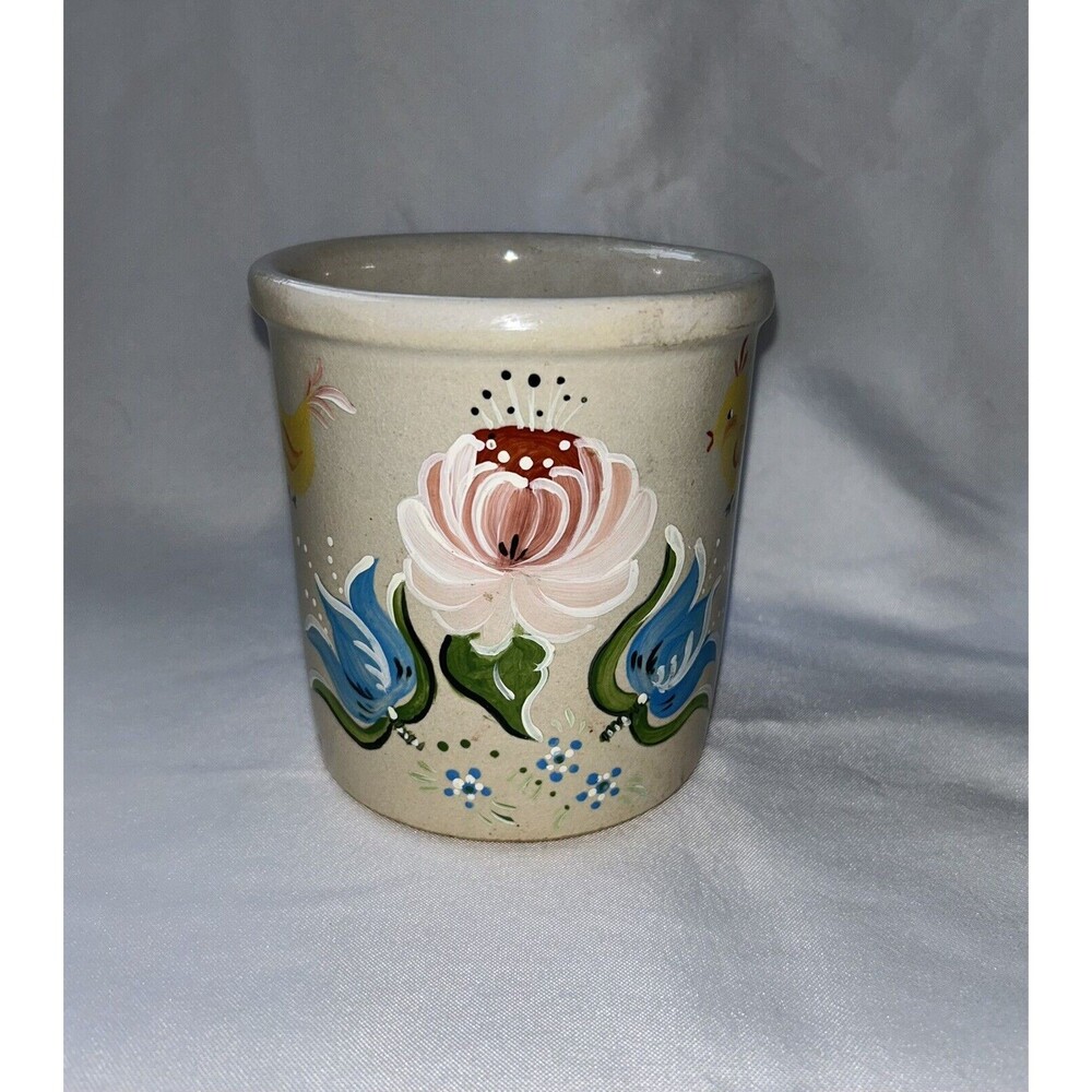 Vintage Hand Painted Small Crock Floral Signed & Dated “89” Unknown Maker